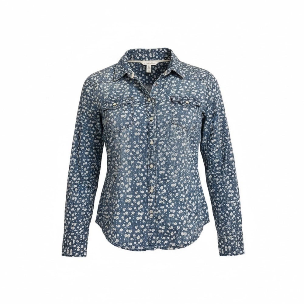 Wallflower Floral Button-Down Shirt – Size L – Blue & White Chambray Bloom Print